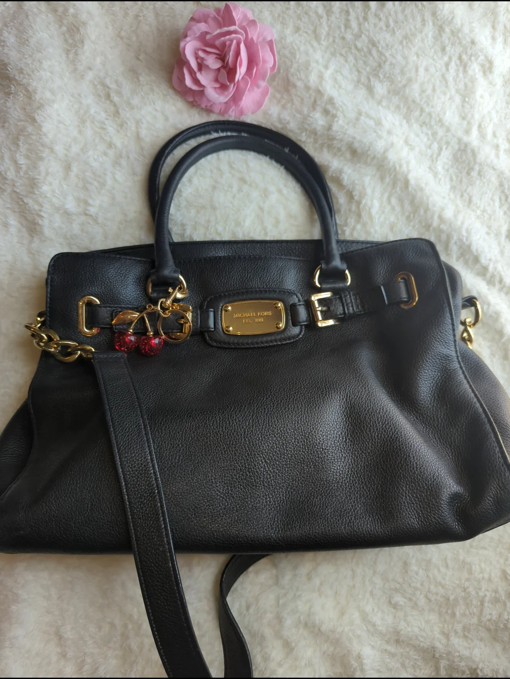 Michael Kors Black Leather Shoulder Bag with Gold Hardware And Cherry Charm
